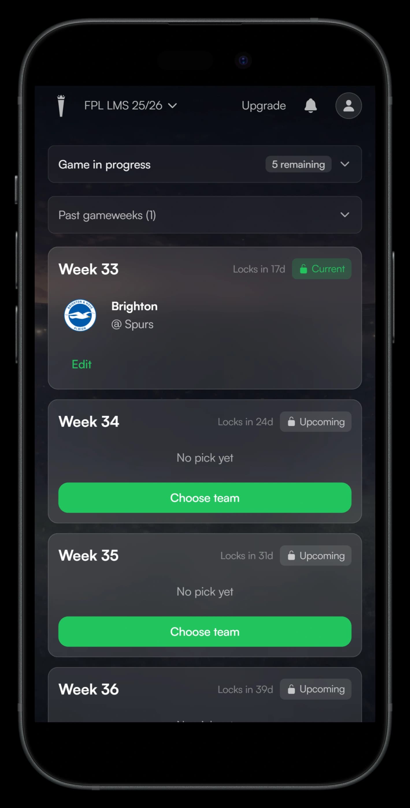 Main game card showing weekly pick selection