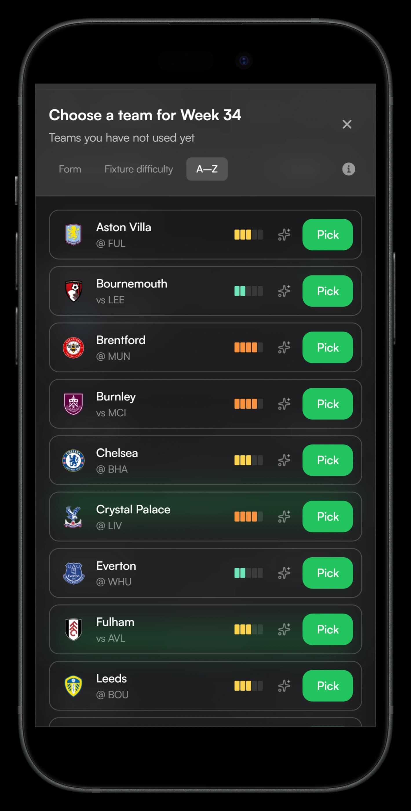 Team pick screen showing available Premier League teams